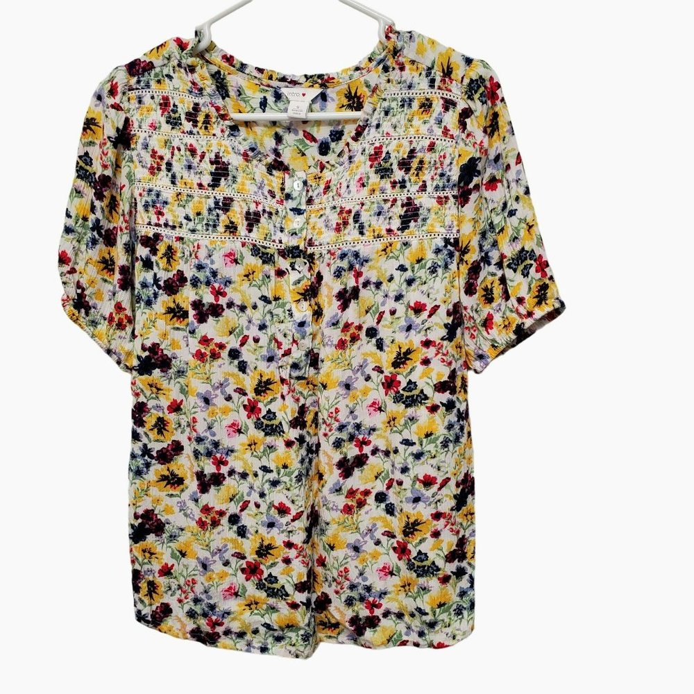 Intro Multicolor Floral Print Ruffle Round Neck Smocked Half Button Front Top, S